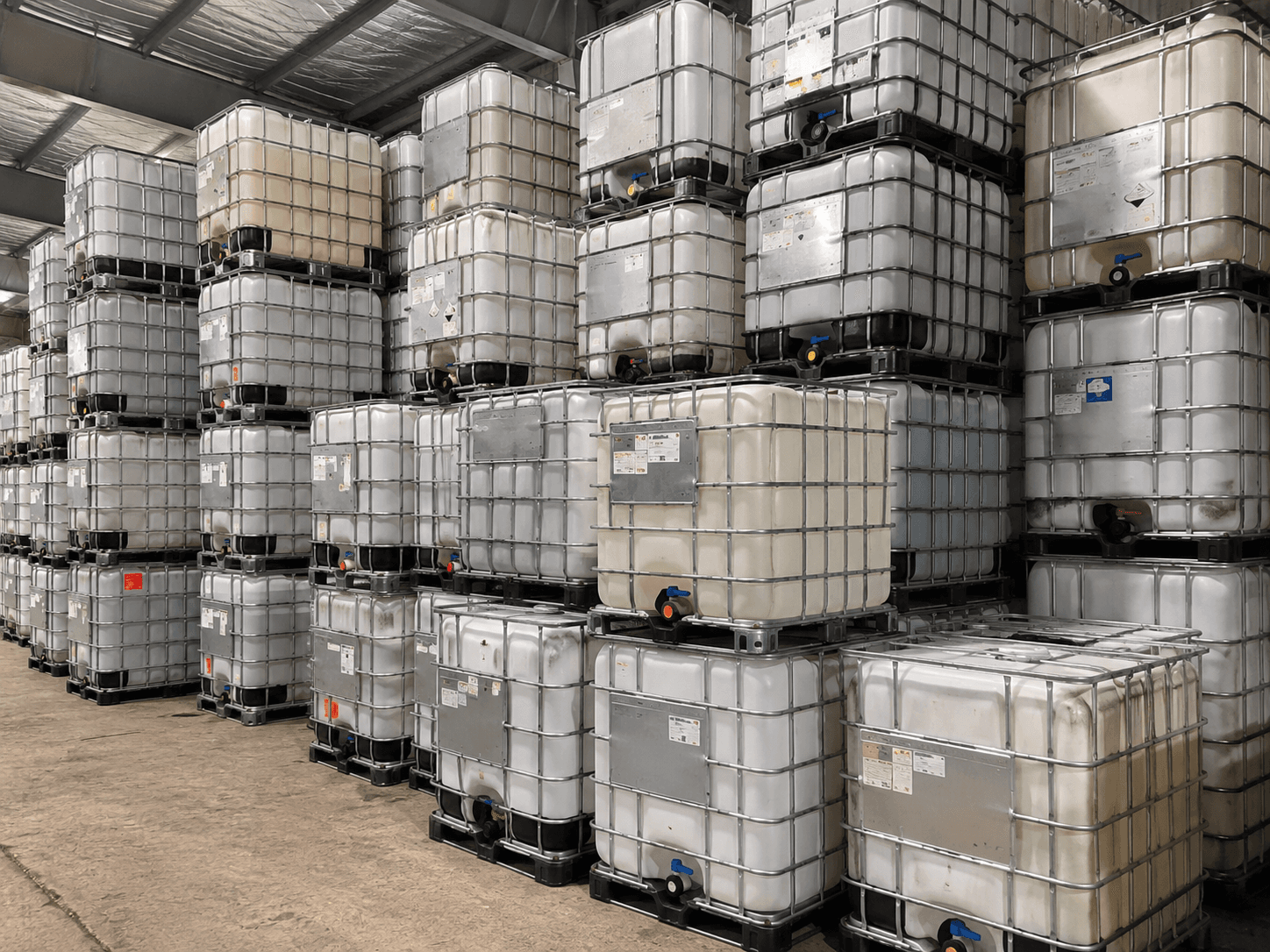 Indoor IBC tote warehouse with organized inventory